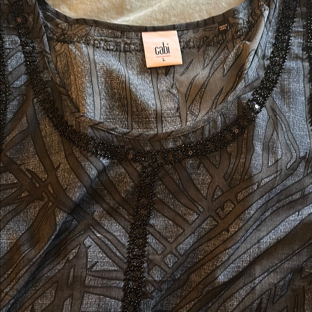 CAbi Black and Gray and blue Patterned sleveless Blouse